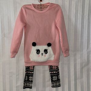 Girls Pink Panda Sweatshirt & Alpine Pattern Leggings Set Size 8 Cute Cozy